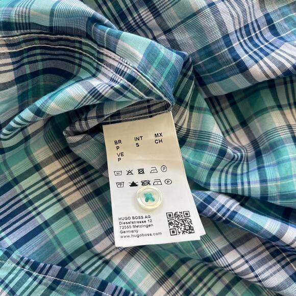 NWT Hugo Boss Men Turquoise Blue & White Plaid Thin Cotton Casual Shirt Sz Small - Picture 8 of 10